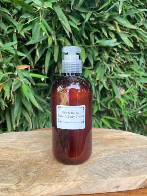 Eczema, Psoriasis, Baby skin Safe.  Fresh Goats Milk and Grass Fed Tallow blended to offer the most nutrient rich moisturizer.  Unlike heavy Tallow creams this Face and Body Cream is light and deeply penetrating.